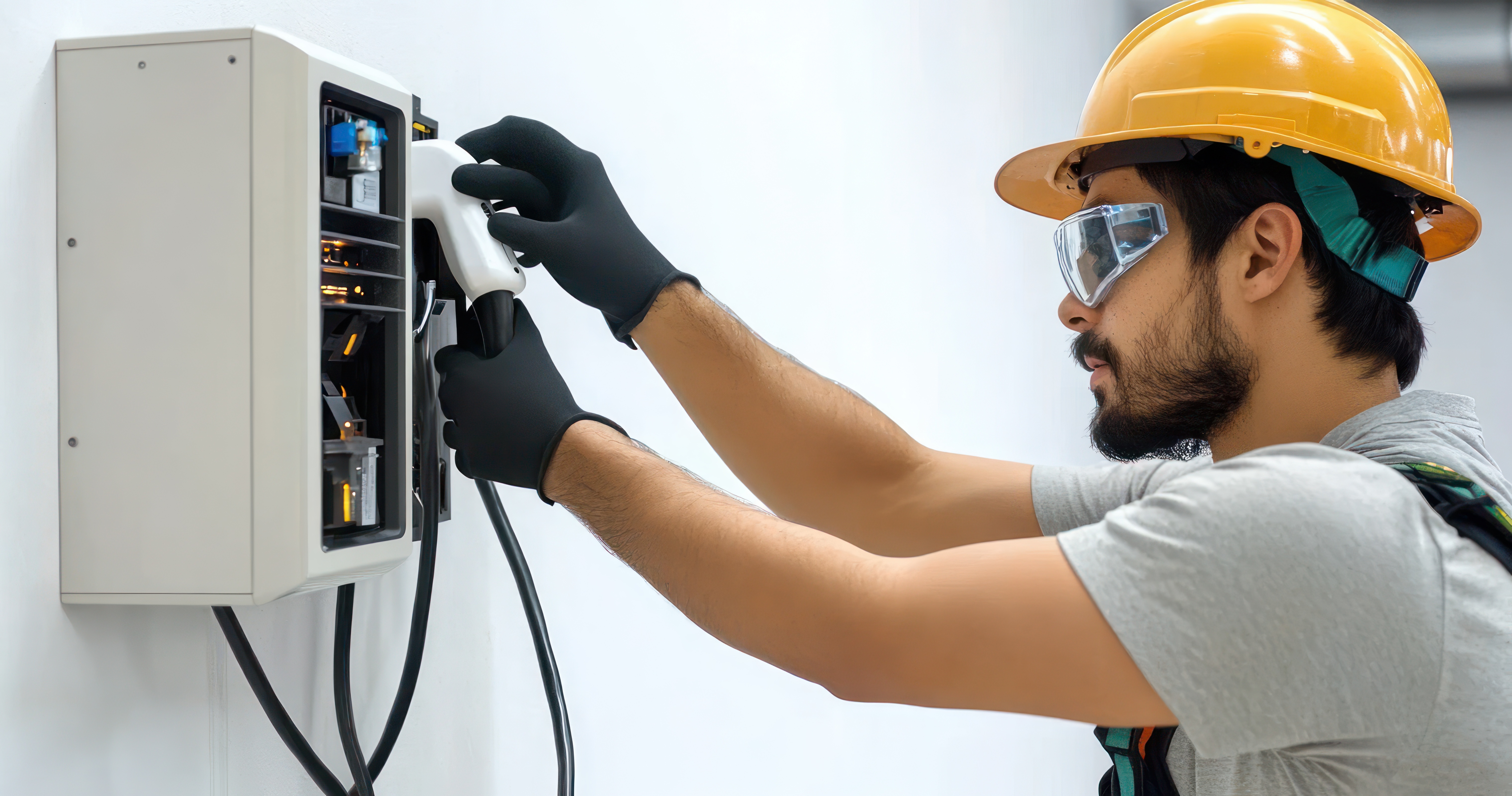 An EV installer working on a charging station