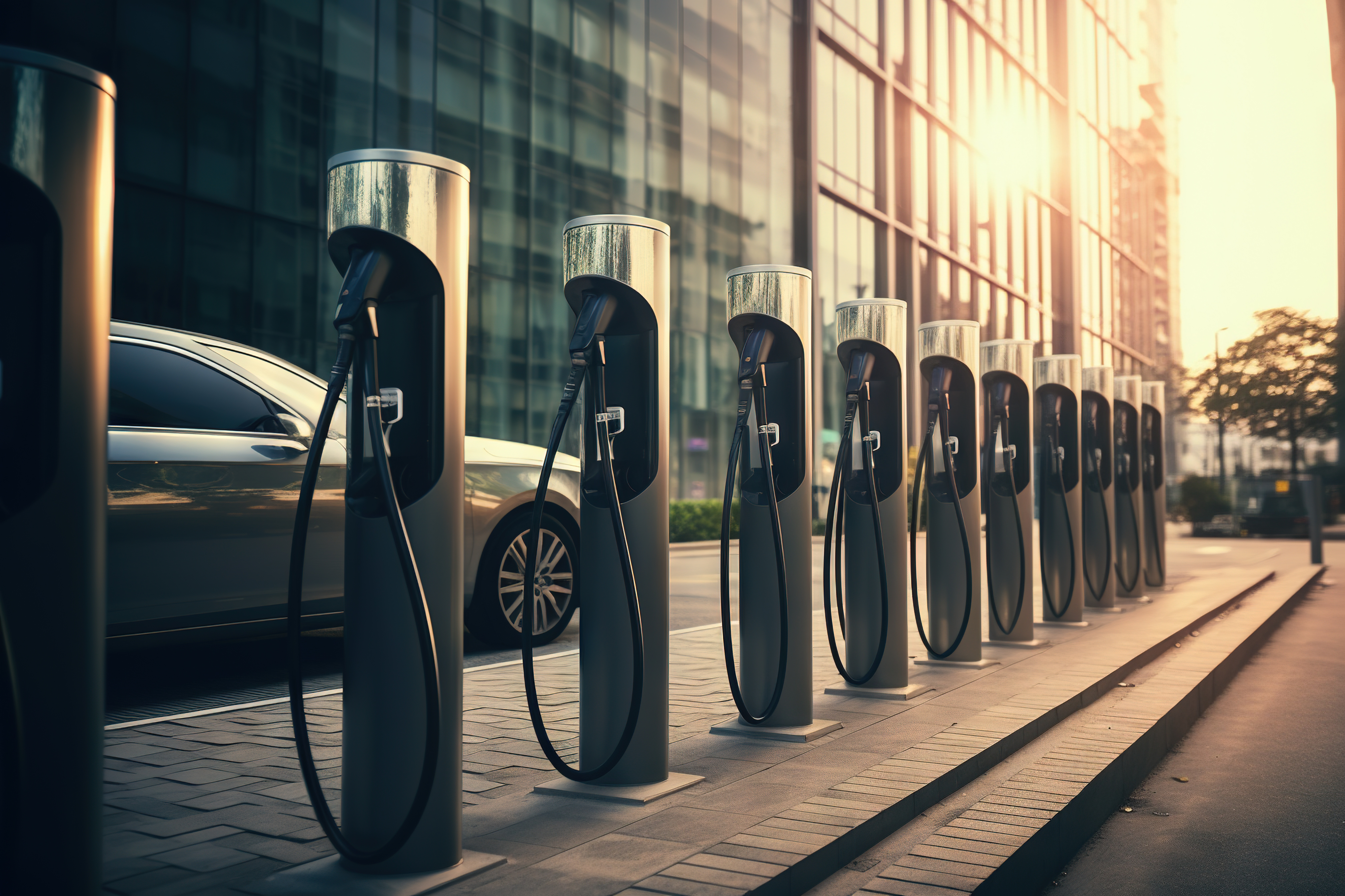 EV charging station with power grid in background