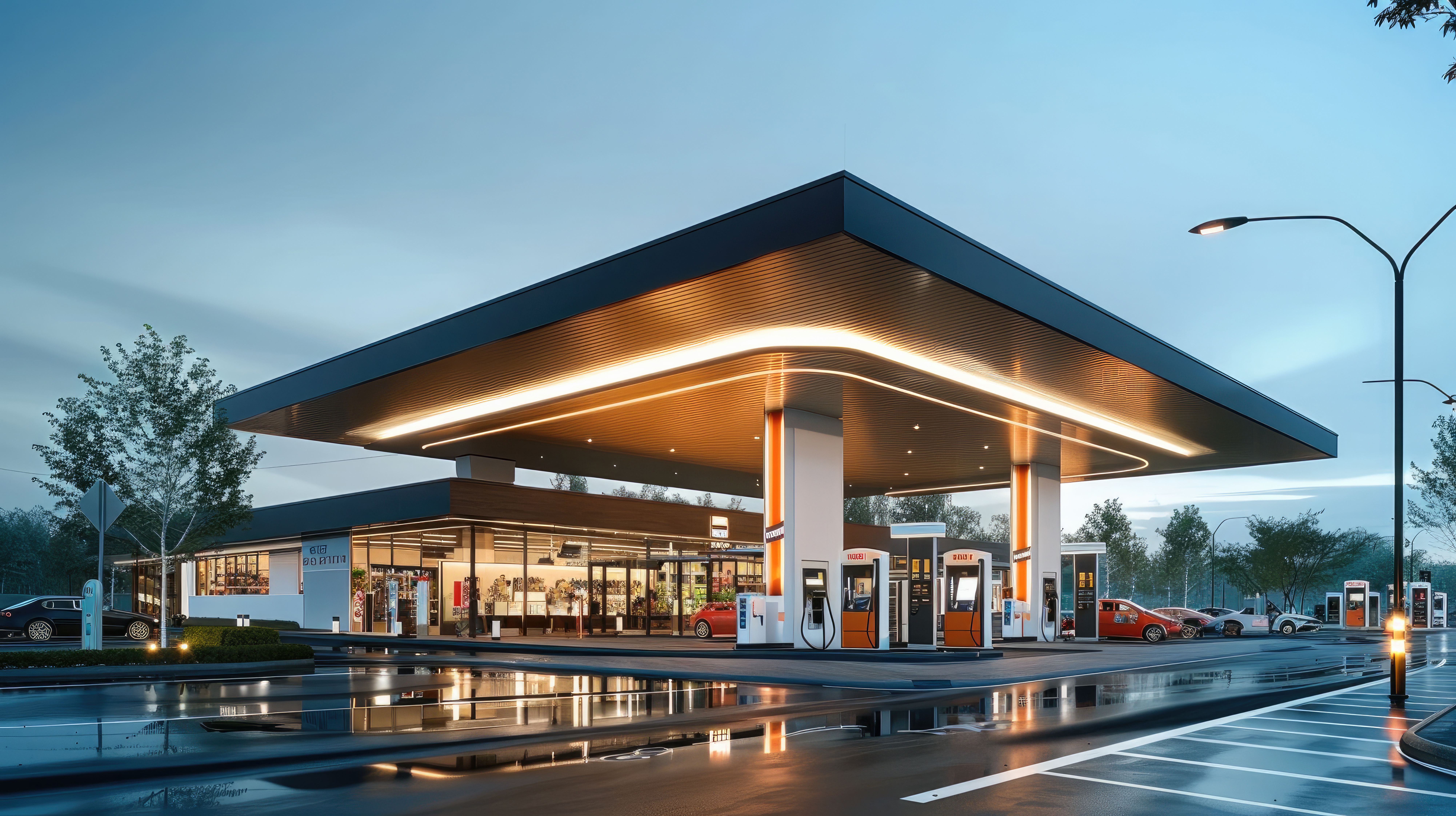 Modern gas station with integrated EV charging stalls